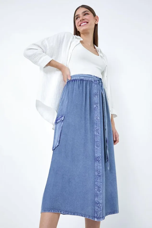 Denim Elastic Waist Button Front Pocket A Line Skirt Women Roman Skirts