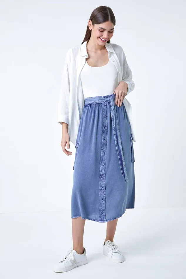 Denim Elastic Waist Button Front Pocket A Line Skirt Women Roman Skirts