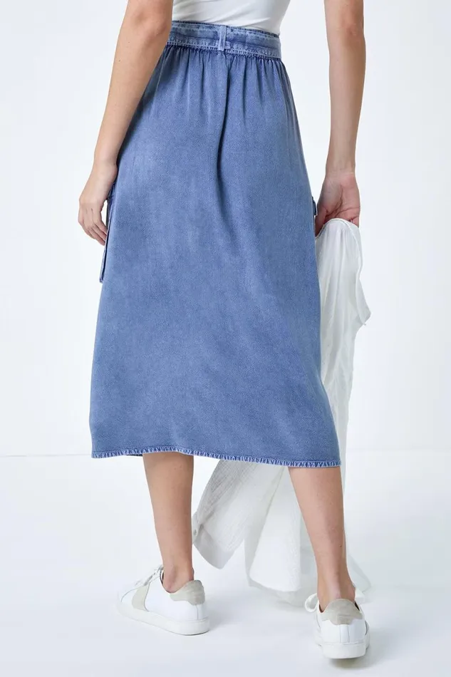 Denim Elastic Waist Button Front Pocket A Line Skirt Women Roman Skirts