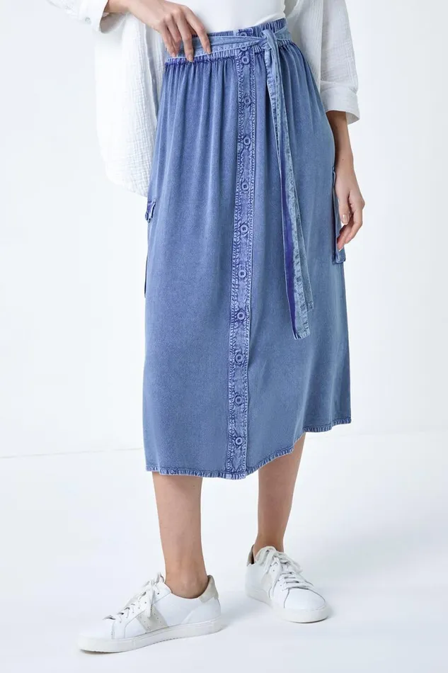 Denim Elastic Waist Button Front Pocket A Line Skirt Women Roman Skirts
