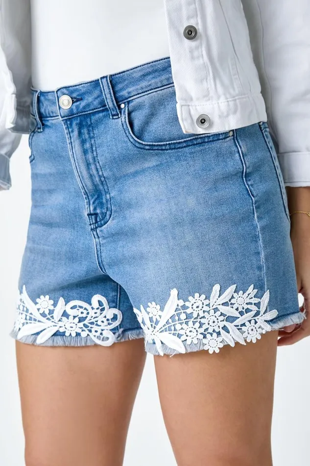 Denim Lace Detail Denim Stretch Shorts Women Roman Trousers