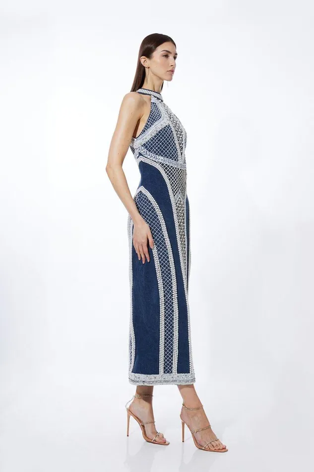 Denim Women Karen Millen Embellished Pearl Denim Woven Maxi Dress Denim