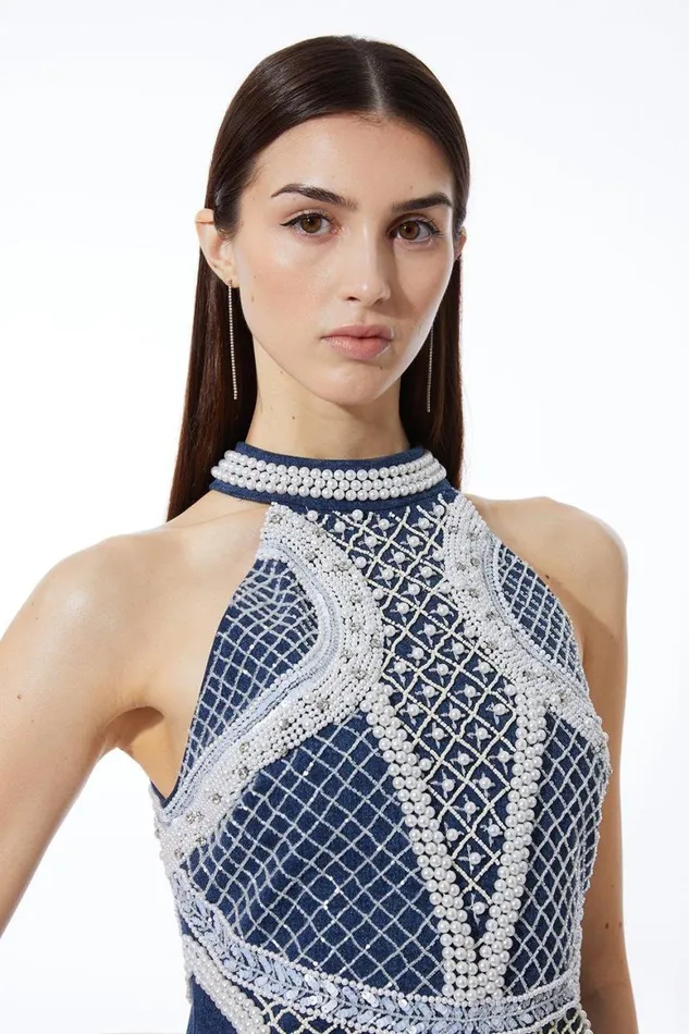 Denim Women Karen Millen Embellished Pearl Denim Woven Maxi Dress Denim