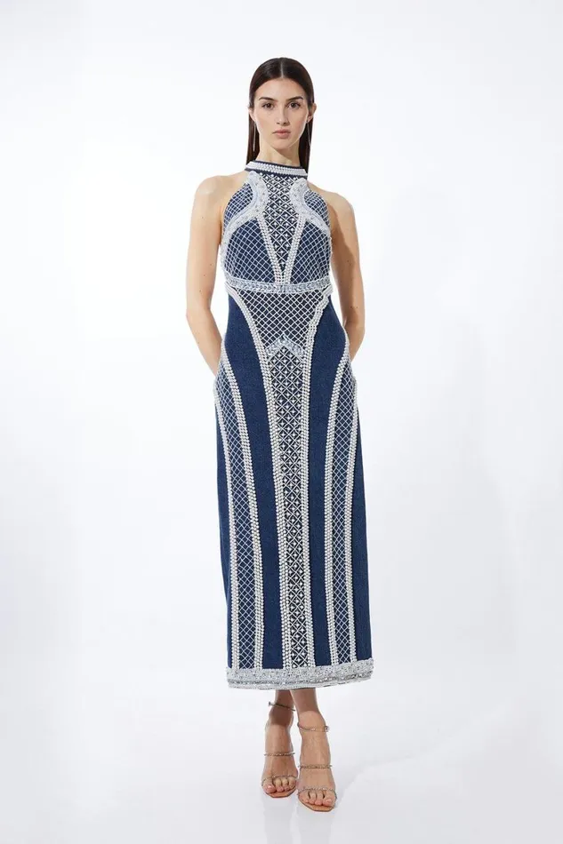 Denim Women Karen Millen Embellished Pearl Denim Woven Maxi Dress Denim