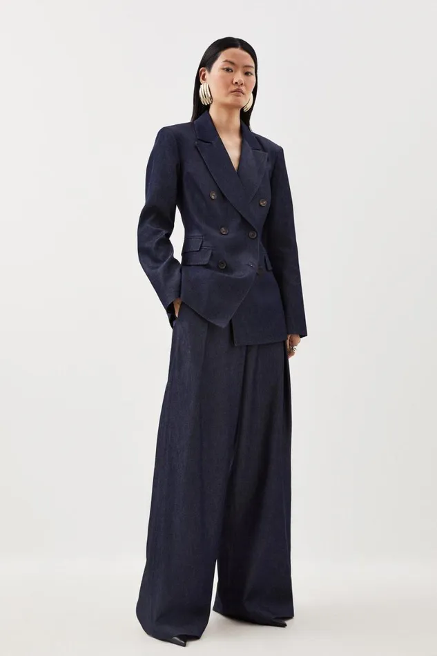 Denim Women Karen Millen Tailored Denim High Waisted Wide Leg Trousers