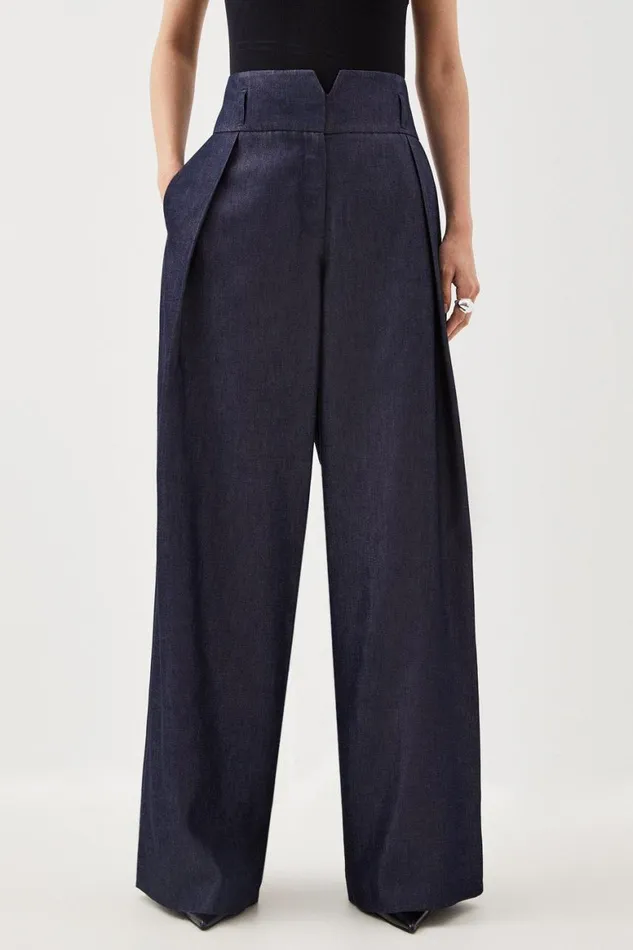 Denim Women Karen Millen Tailored Denim High Waisted Wide Leg Trousers