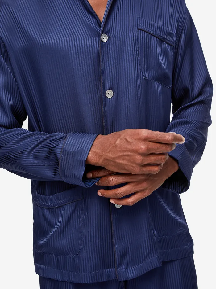 Derek Rose Classic Fit Pajamas Woburn 8 Silk Satin Navy Men Long Pajamas