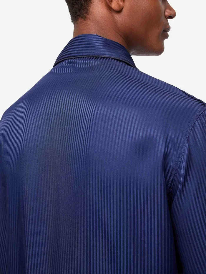 Derek Rose Classic Fit Pajamas Woburn 8 Silk Satin Navy Men Long Pajamas