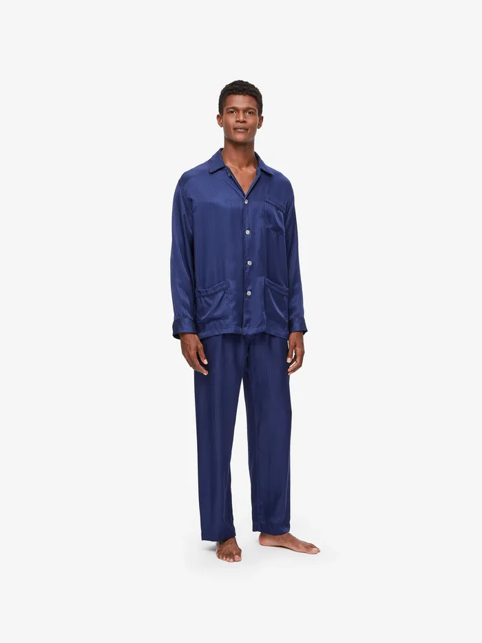 Derek Rose Classic Fit Pajamas Woburn 8 Silk Satin Navy Men Long Pajamas