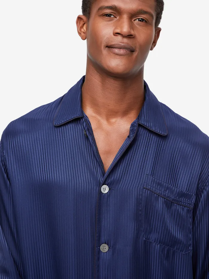 Derek Rose Classic Fit Pajamas Woburn 8 Silk Satin Navy Men Long Pajamas