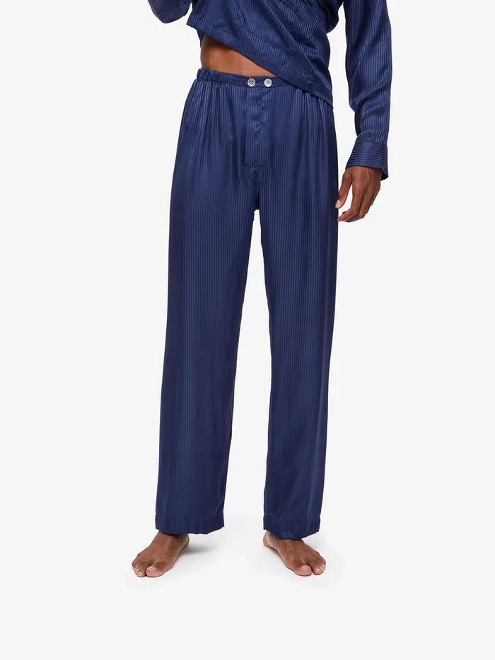 Derek Rose Classic Fit Pajamas Woburn 8 Silk Satin Navy Men Long Pajamas