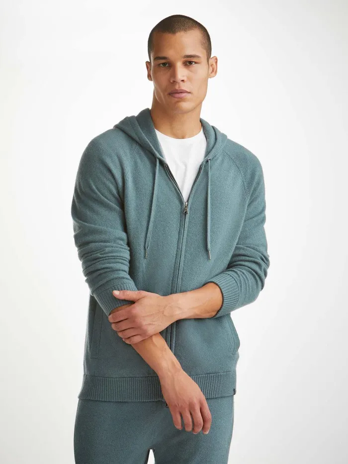 Derek Rose Hoodie Finley Cashmere Teal Men Hooded Tops
