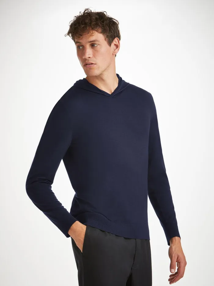 Derek Rose Hoodie Orson Merino Wool Navy Men Merino Sweaters and Hoodies