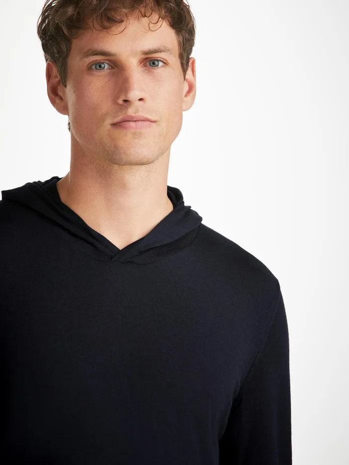 Derek Rose Hoodie Orson Merino Wool Navy Men Merino Sweaters and Hoodies