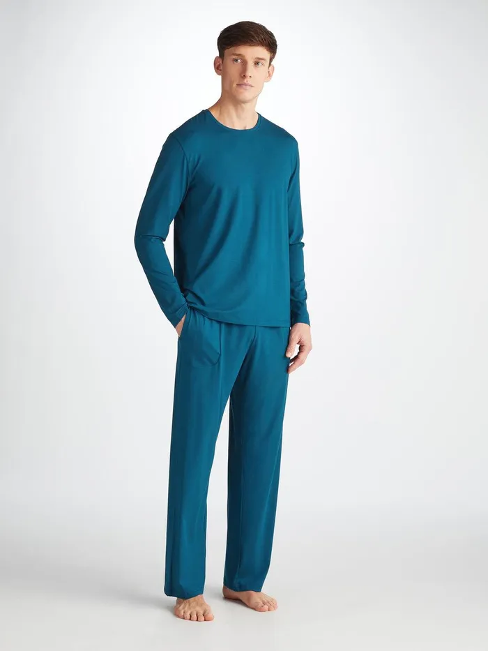 Derek Rose Long Sleeve TShirt Basel Micro Modal Stretch Poseidon Blue Men Short Sleeve TShirts