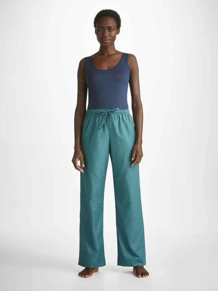 Derek Rose Lounge Pants Kate 9 Cotton Jacquard Teal Women Lounge Pants
