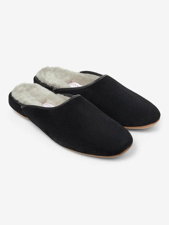 Derek Rose Mule Slippers Douglas Suede Sheepskin Black MenSlippers Slippers
