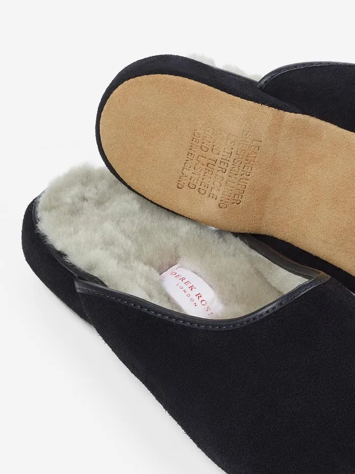 Derek Rose Mule Slippers Douglas Suede Sheepskin Black MenSlippers Slippers