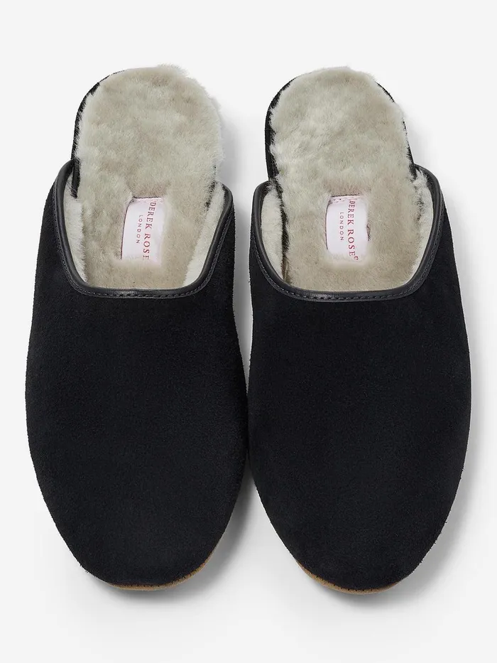 Derek Rose Mule Slippers Douglas Suede Sheepskin Black MenSlippers Slippers