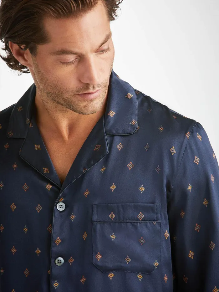 Derek Rose Pajamas Brindisi 103 Silk Satin Navy Men Long Pajamas