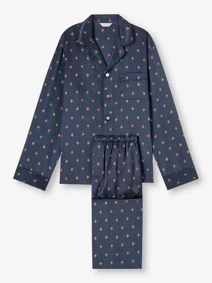 Derek Rose Pajamas Brindisi 103 Silk Satin Navy Men Long Pajamas