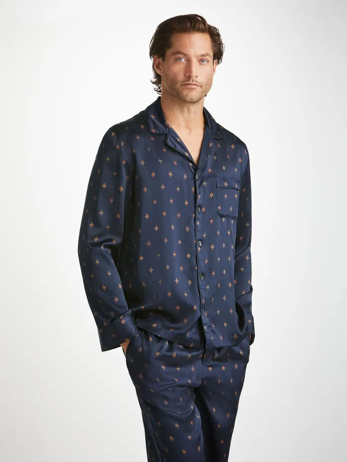 Derek Rose Pajamas Brindisi 103 Silk Satin Navy Men Long Pajamas