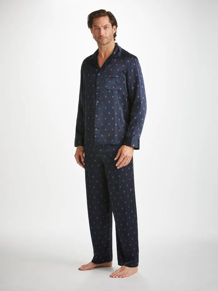 Derek Rose Pajamas Brindisi 103 Silk Satin Navy Men Long Pajamas