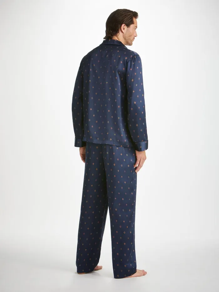 Derek Rose Pajamas Brindisi 103 Silk Satin Navy Men Long Pajamas