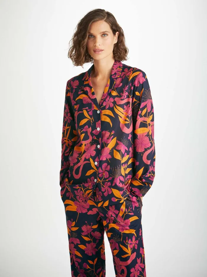 Derek Rose Pajamas Ledbury 68 Cotton Batiste Navy Women Cotton Pajamas