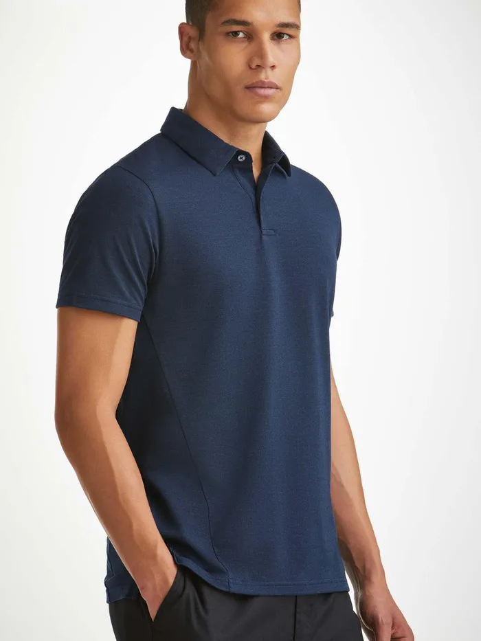 Derek Rose Polo Shirt Ramsay 2 Pique Cotton Tencel Navy Men Polo Shirts