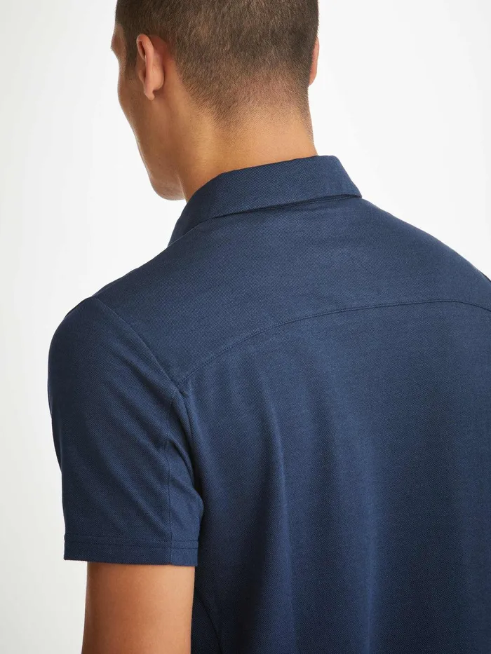 Derek Rose Polo Shirt Ramsay 2 Pique Cotton Tencel Navy Men Polo Shirts