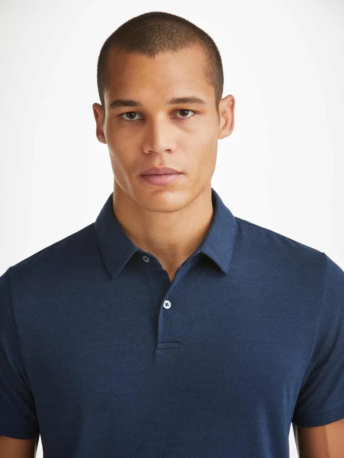 Derek Rose Polo Shirt Ramsay 2 Pique Cotton Tencel Navy Men Polo Shirts