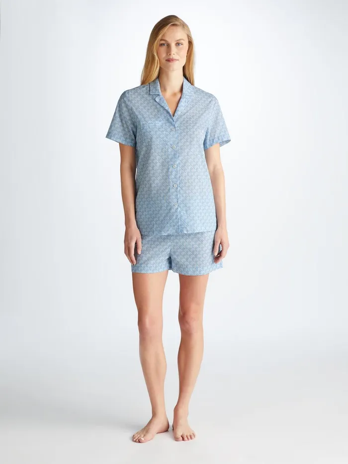 Derek Rose Short Pajamas Ledbury 72 Cotton Batiste Blue Women Cotton Pajamas