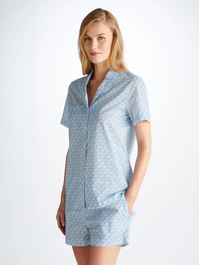 Derek Rose Short Pajamas Ledbury 72 Cotton Batiste Blue Women Cotton Pajamas