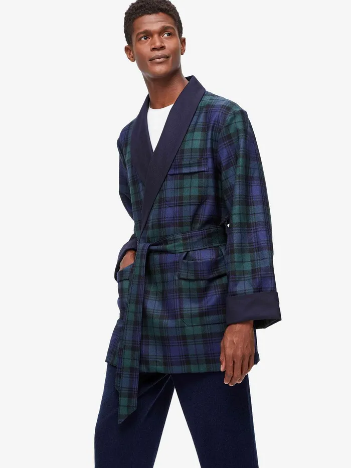 Derek Rose Smoking Jacket Tartan Wool Black Watch Navy Men Smoking Jackets