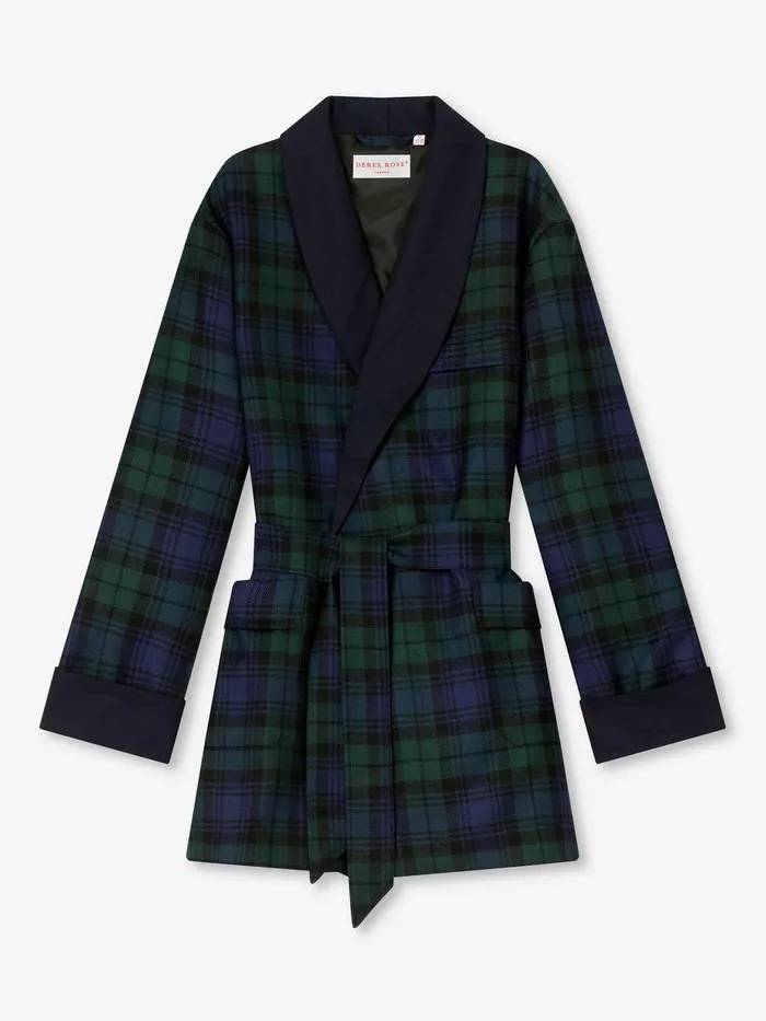 Derek Rose Smoking Jacket Tartan Wool Black Watch Navy Men Smoking Jackets
