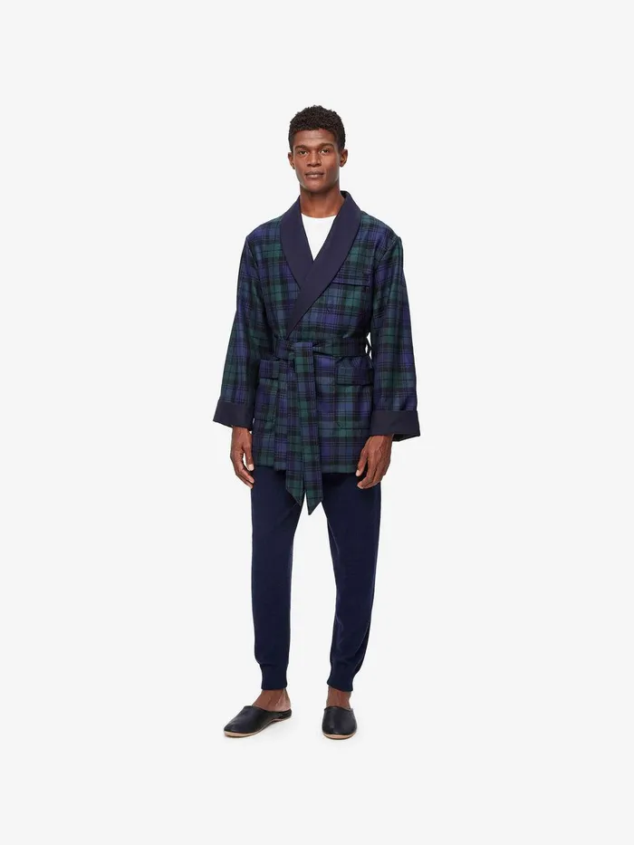 Derek Rose Smoking Jacket Tartan Wool Black Watch Navy Men Smoking Jackets