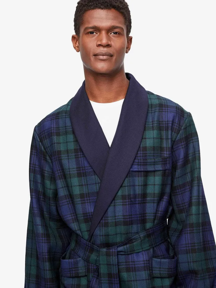 Derek Rose Smoking Jacket Tartan Wool Black Watch Navy Men Smoking Jackets