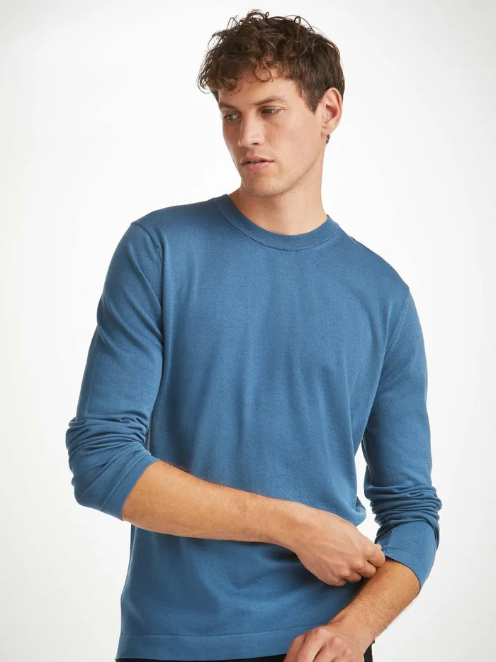 Derek Rose Sweater Jacob Sea Island Storm Blue Men Sea Island Cotton Sweaters