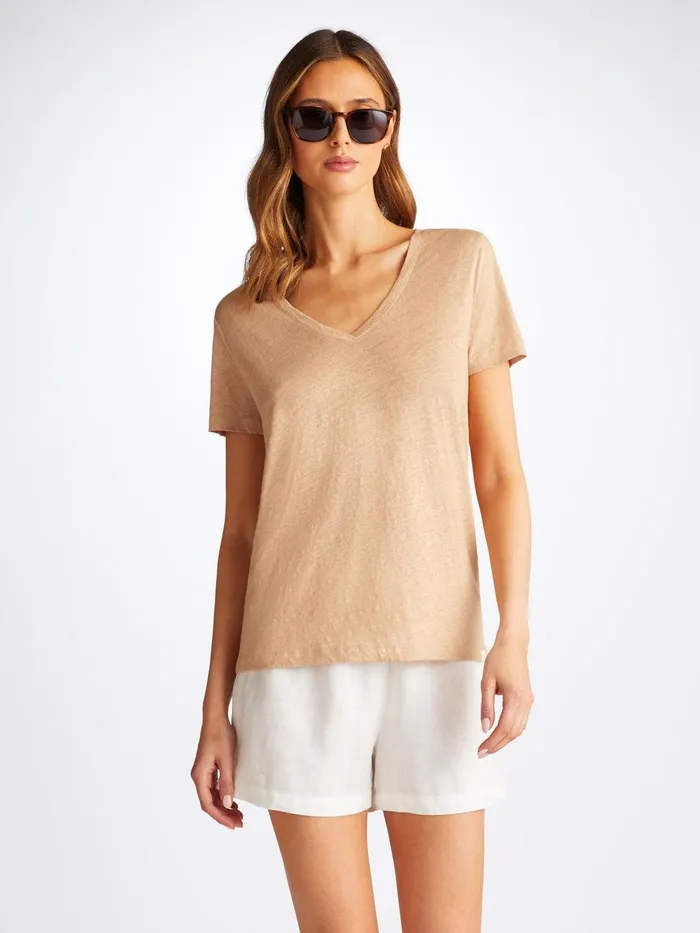 Derek Rose VNeck TShirt Jordan Linen Sand Women Short Sleeve TShirts