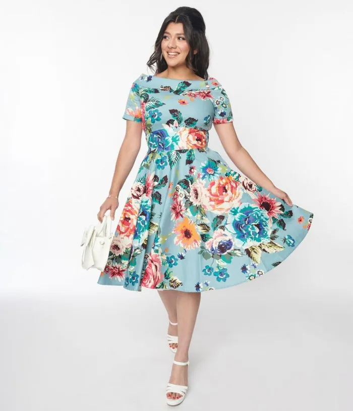 Dolly and Dotty Teal and Multicolor Floral Swing Dress Dresses Unique Vintage Swing Dolly and Dotty Teal and Multicolor Floral Swing Dress Dresses Unique Vintage Swing
