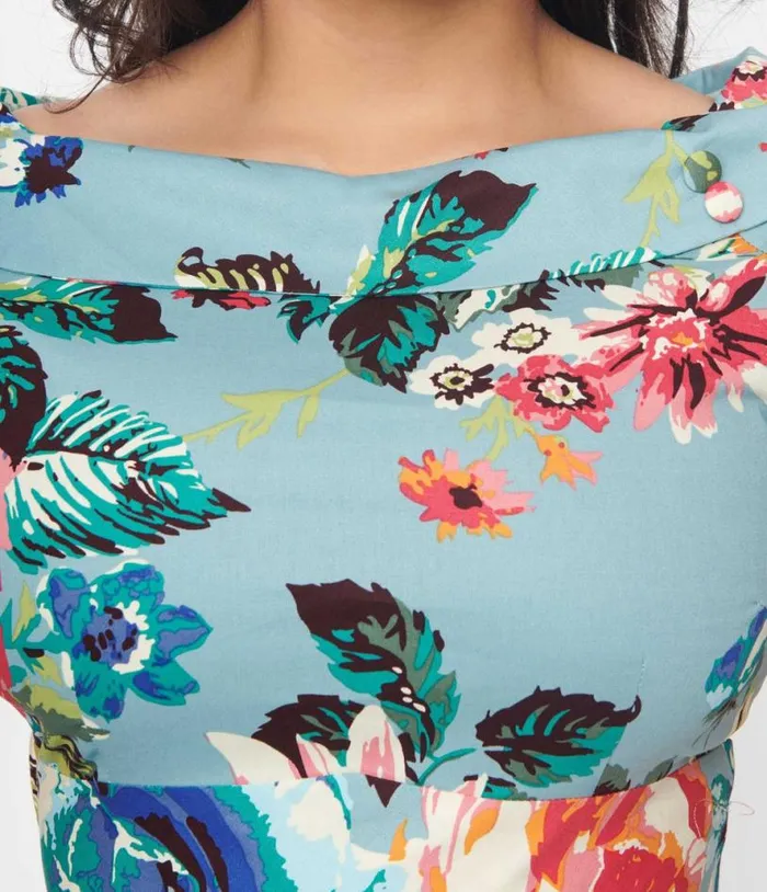Dolly and Dotty Teal and Multicolor Floral Swing Dress Dresses Unique Vintage Swing