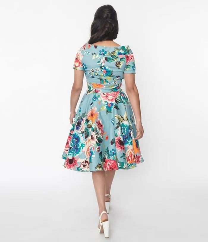 Dolly and Dotty Teal and Multicolor Floral Swing Dress Dresses Unique Vintage Swing