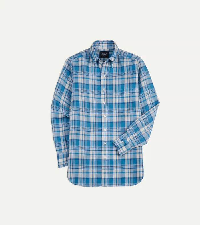 Drake039s Blue Check Cotton Linen ButtonDown Shirt Men Linen Shirts