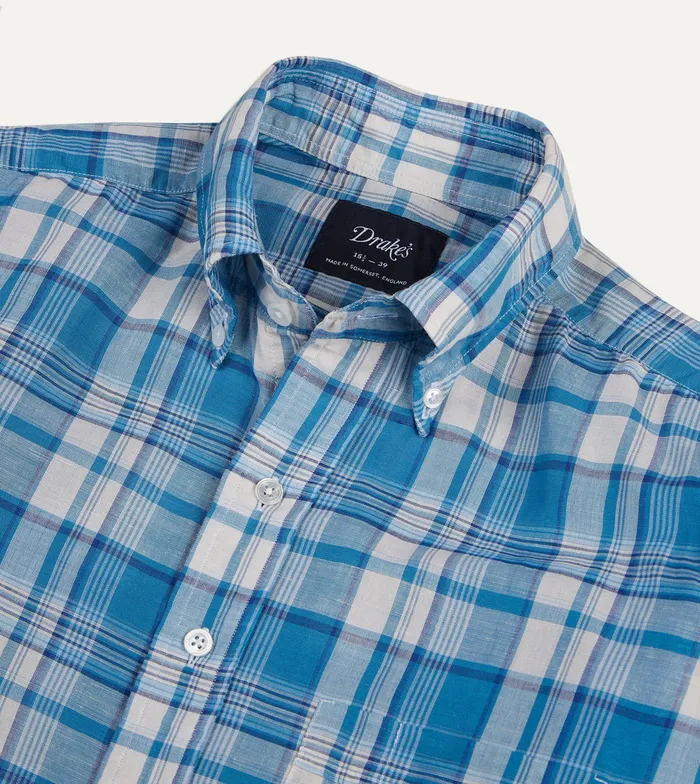 Drake039s Blue Check Cotton Linen ButtonDown Shirt Men Linen Shirts