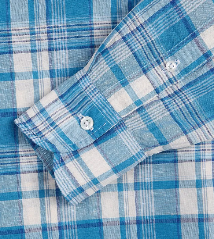 Drake039s Blue Check Cotton Linen ButtonDown Shirt Men Linen Shirts
