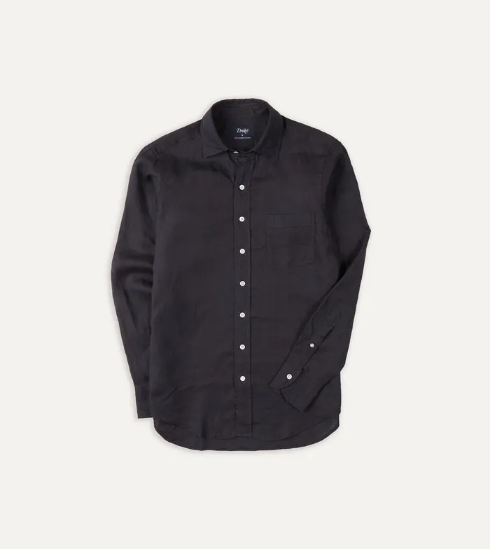 Drake039s Dark Navy Linen Spread Collar Shirt Men Linen Shirts