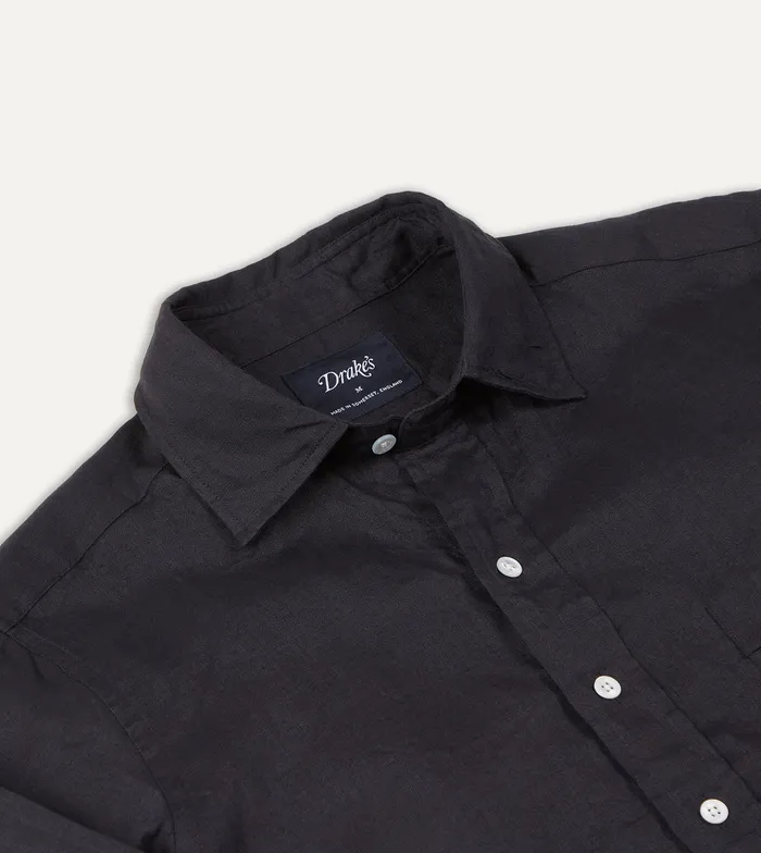Drake039s Dark Navy Linen Spread Collar Shirt Men Linen Shirts