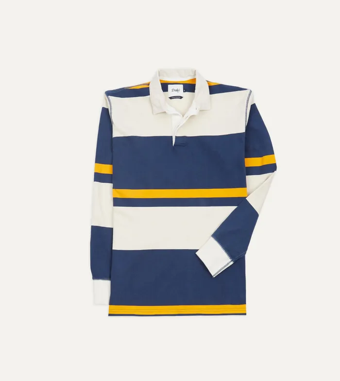 Drake039s Ecru Navy And Yellow Stripe Cotton Rugby Shirt Men Polos and Sweatshirts Drake039s Ecru Navy And Yellow Stripe Cotton Rugby Shirt Men Polos and Sweatshirts