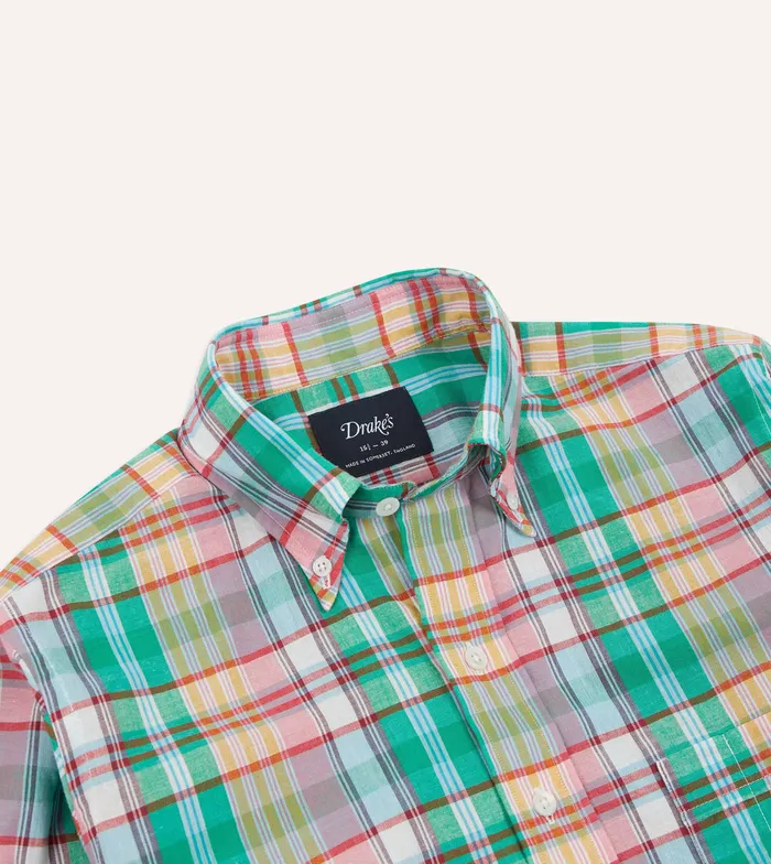Drake039s Green And Blue Madras Check Cotton ButtonDown Shirt Men Checked Shirts